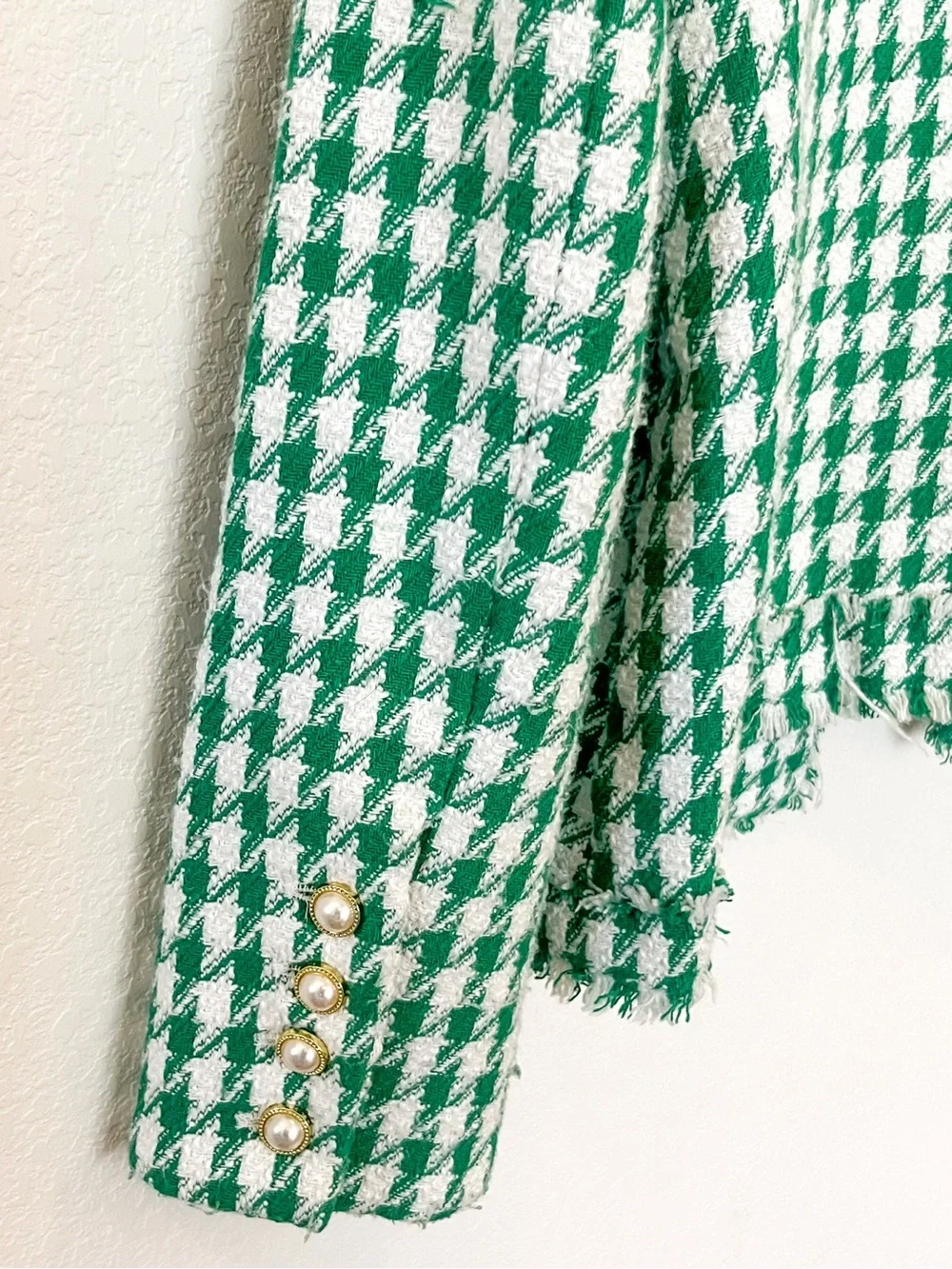Nanette Lepore Green White Houndstooth Tweed Jacket Size 8 EUC — Chanel Style
